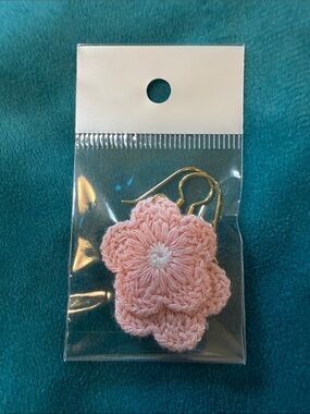 Handwoven Pink Crochet Flower Drop Earrings with Gold Hooks